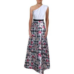 NWT Kay Unger Dress White Black Plaid Floral One Shoulder Gown Sz 6 #226